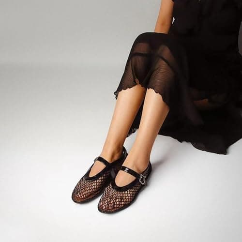 HiGropcore Mesh Ballet Flats Women, 2024 New Strappy Fishnet Buckle Flats, Sexy Mary Jane Ballerina Shoes Comfortable Dress Shoes Slip-on Loafers — view 2