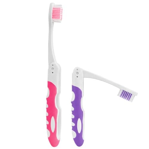 2Pcs Folding Toothbrush, Portable Travel Toothbrush Set, Lightweight Soft Tooth Brush for Travel, Camping, Hiking, Office (Pink & Purple)