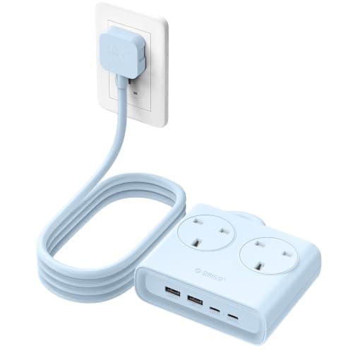 ORICO Flat Extension Lead with USB Slots, 2 Way Socket Outlets with 4 USB Ports(2 USB C & 2 USB A), 1.6m Extension Cord, Desk Power Strip for Travel, Office, Home (Blue)