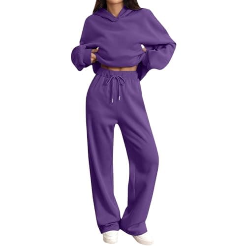 Tracksuit Womens Full Set Oversized 2 Piece Outfits Long Sleeve Hoodie and Sweatpants Women Lounge Wear Sets Fashion Sweatsuits Wide Leg Jogger Loose Loungewear Gym Fitness Activewear Set Purple M