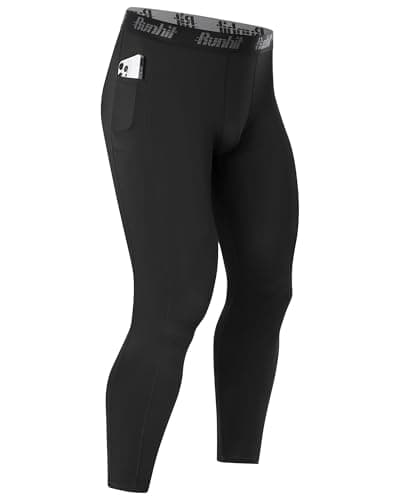 Runhit Men’s Running Leggings with Pockets, Gym Compression Pants Sports Tights, Thermal Base Layer Trousers for Jogging Golf Cycling Black L