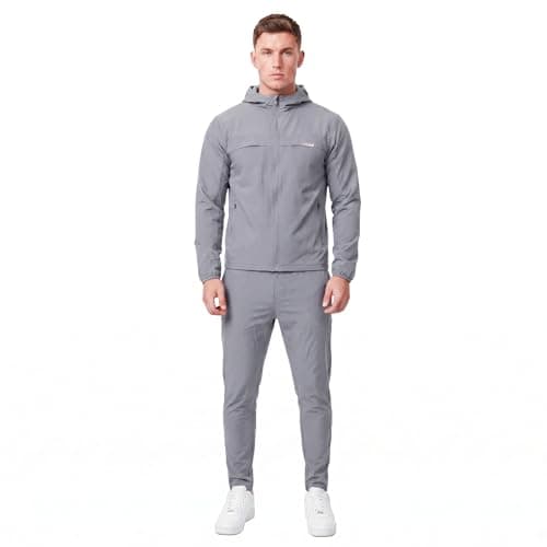 Spindle Men’s 2-Pack Premium Performance Tracksuit Twinset – Tech Bi-Stretch Athletic Hooded Jacket & Jogger Pants Sweatshirt Bundle, Breathable Cotton Poly Training Gym Sweatsuit Set (Grey) — view 2