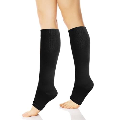 Compression Socks for Women Men, Open Toe Compression Stockings Flight Compression Socks Calf Support Toeless Stockings for Flying Travel Yoga Nurses Running F4-LZYLW (Black,L/XL)