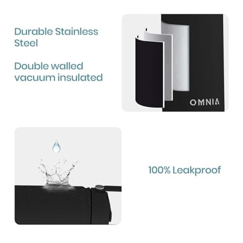 OMNIA NUTRIENTS Vacuum Insulated Stainless Steel Water Bottle, 2 Lids (Straw & Spout) Leakproof, BPA-Free, Reusable Flask Ideal for Travel and Outdoors (Black - 1000 ml) — view 3