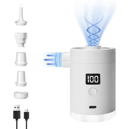 Portable Air Pump for Inflatables: 4000mAh Type-C Rechargeable Battery Powered Ultra-Mini Electric Air Pumps with 5 Nozzles & Camping Light for Air Mattress Air Bed Pool Floats Raft (White)