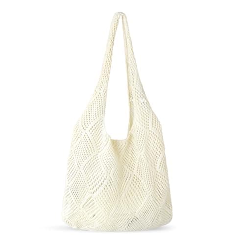 GLGHMH Crochet Mesh Beach Tote Bag, Beige Knit Boho Shoulder Hollow Bag, Women Holiday Shoulder Bag for Travel Shopping Vacation Beach Work
