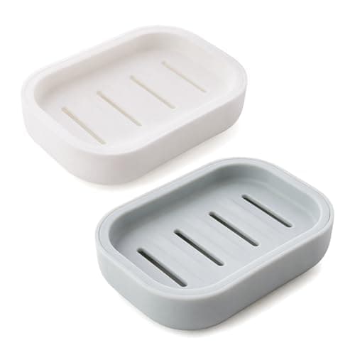 FeiatPogra 2 Pcs Soap Dish Set, 10.5x7.5cm Draining Soap Holder with Non-Slip Base, Plastic Soap Dish，Fast-Dry Portable Soap Box for Bathroom, Shower, Kitchen (Beige & Blue Grey)