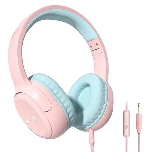 MOXKING Kids Wired Headphones with Microphone, Safe Volume Limiter, Pink
