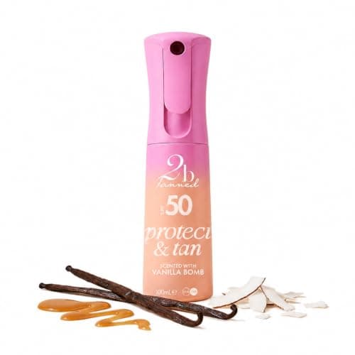 2bTanned Protect & Tan SPF 50 Dry Tanning Oil (100ml Travel Size), 2in1 Tanning Accelerator and Sunscreen with Tyrosine and Vitamin E, Nourishing Coconut & Jojoba Oil, UVA & UVB, Vanilla Bomb