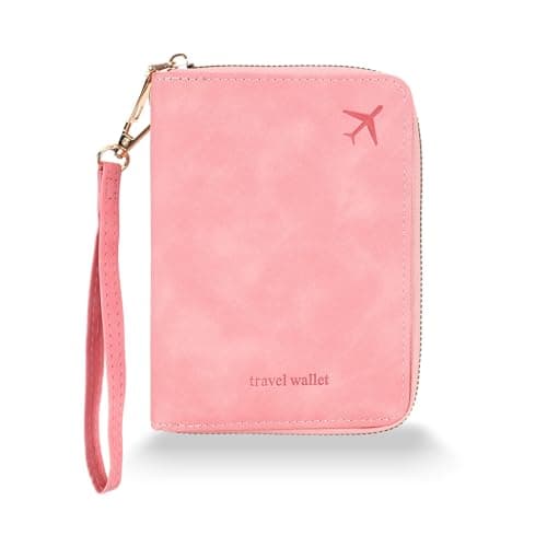 Zidoley Passport Holder Travel Wallet RFID Blocking, PU Leather Travel Document Organiser with Zipped Closure & Wrist Strap, Document Organiser, Holiday Travel Essentials for Men & Women (Pink)