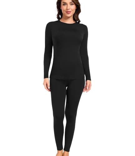 wirarpa Women's Thermal Underwear Set Fleece Lined Top & Bottom Black XL