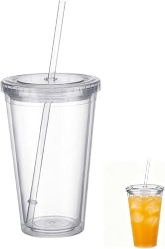 Clear Acrylic Tumbler with Lid and Straw 16oz - Double Wall Insulated Reusable Plastic Cup for Iced Coffee, BPA Free Travel Cup, Fits in Cupholder