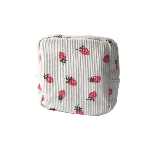 Small Makeup Bag, Mini Toiletries for Women, Portable Travel Cosmetic Bag with Compartments, Strawberry Beige Printing Corduroy Cute Pouch with Zipper, for Women Girls Gift