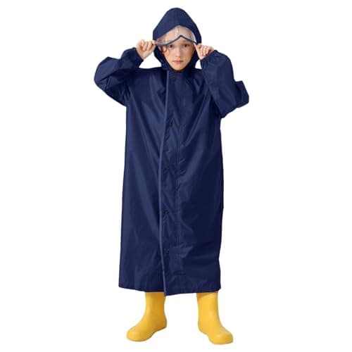 Kids Waterproof Hooded Raincoat With School Bag Cover Boys And Girls Students Children Long Portable Rain Poncho Reusable Outdoor Emergency Rain Jacket Waterproof Rainwear (Navy-2, 10-12 Years)
