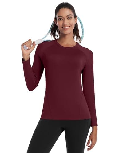 Runhit Thermal Tops Womens Long Sleeve Fleece Lined Compression Shirt Soft Warm Base Layer Moisture Wicking Sports Underwear for Ski, Running Gym Workout Burgundy L — view 3