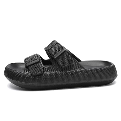 Waysoland Cloud Sliders Women Men Sandals with Adjustable Buckles,Shower Bathroom Non-Slip Quick Drying Open Toe Super Soft Comfy Thick Sole slippers Indoor Outdoor(Black,8/9 UK) — view 3