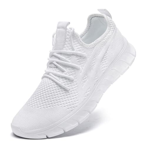 LANGFEUU Mens Trainers Breathable Lightweight Non-Slip White UK Size 9.5
