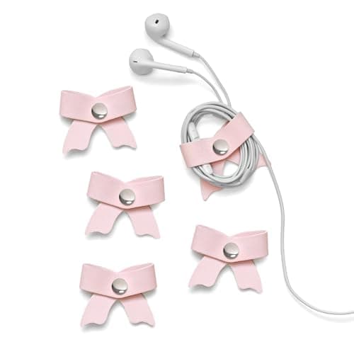 SenseAGE 5 Pack Cord Organizer, Bow Cord Keeper, Cable Organizer USB holder, Leather Cable Management, Cable Straps, Earphone winder, Straps for Electronics, Earbuds, USB Charging Cords, Small, Pink