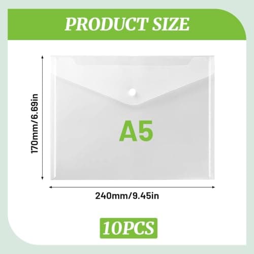 10 Pcs A5 Plastic Wallets & Clear Plastic Envelopes with Snap Button, 24cm X 17cm Small Wallets Waterproof Document Folders for School Office Travel Paper Organization (A5 Filing Envelopes) — view 2
