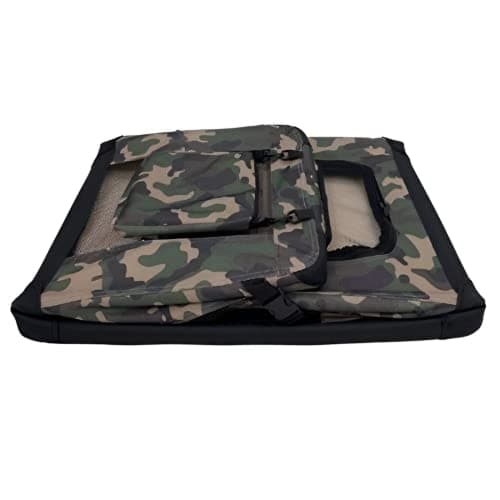HugglePets Foldable Fabric Pet Crate Carrier - Green Camo (Large 70 x 52cm) Lightweight & Ventilated Double Door Carrier for Dogs & Cats with Sheepskin Mat. Ideal for Home & Travel. — view 4