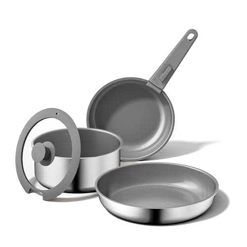 naturepan 5 PCS Ceramic Cookware Set, Stainless Steel Exterior Pots and Pans Set Non Stick, 10x More Durable Super Ceramic Coating, for Induction Hob Pan Set (Grey)