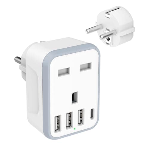 Loydia European Travel Adapter, 5 in 1 EU Plug Adapter with 4 USB Ports, UK to EU Euro Europe Travel Adaptor, Type E/F Schuko Grounded Euro Plug Adapter for Germany France Spain Turkey Portugal Poland