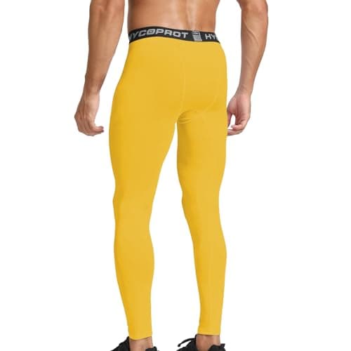 HYCOPROT Men's Running Leggings Compression Trousers Athletic Tight Base Layer Pants for Workout Sports Yoga Basketball (Yellow, S) — view 3