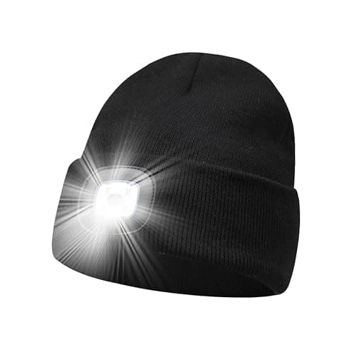 Komonee LED Beanie Hat Black Headlamp Plain Soft Comfortable USB Rechargeable Head Light for Men Women Warm Knitted Winter Woolly Night Running Dog Walker Headwear