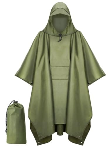 Houbobo Hooded Rain Poncho for Adults with Pocket, Waterproof Lightweight Raincoat Jacket for Men Women, Perfect for Outdoor Hiking Camping Emergency (Green)