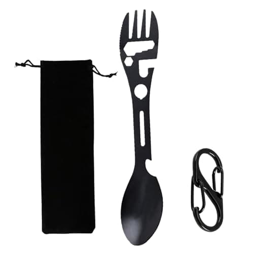 Verazquy 10-in-1 Multi-Tool Camping Spork - Utility Travel Cutlery Set in Stainless Steel, All-in-One Spoon, Fork, Knife with Bottle Opener Tools Eco Reusable for Hiking Outdoor(Black)