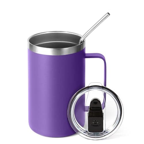 Volhoply 470ml (16oz) Insulated Coffee Mug with Lid and Straw, Stainless Steel Travel Mugs with Handle, Double Wall Vacuum Leak Proof Coffee Tumbler Cup (Purple,1)