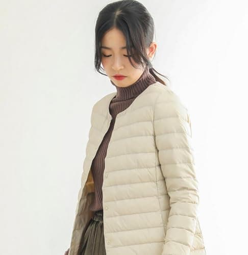 Womens Ultra Light Packable Down Jacket Lightweight Puffer Down Jacket Women Wint Warm Short Outerwear Ladies Quilted Down Jacket Women Button Collarless Quilted Jacket Beige — view 2