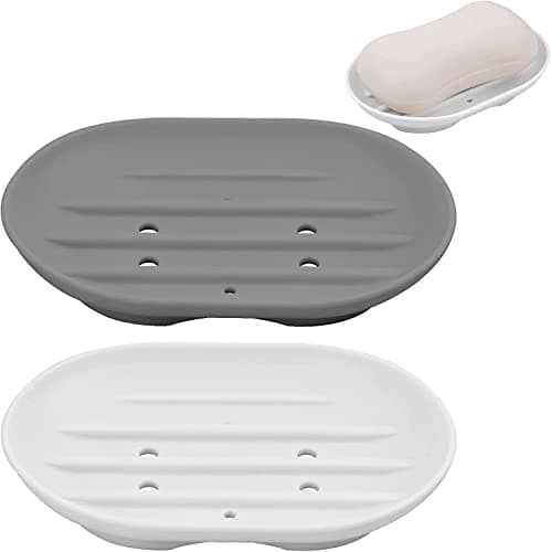 2 Pcs Silicone Soap Dish,Portable Shower Soap Box, Self Draining Soap Holder, Leak Proof Soap Saver Anti-Slip Soap Container, Perfect for Shower, Bathroom, Kitchen, Travel (Gray & White)