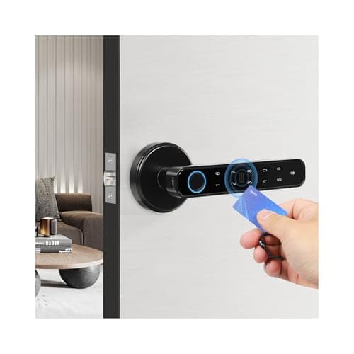 Fingerprint Door Lock, Smart Door Handle Lock with Keypad, Biometric Keyless Entry Door Knob for Home Office, Aluminium Alloy, Password IC Card Key, Type-C Emergency Power, Low Battery Alarm, Black