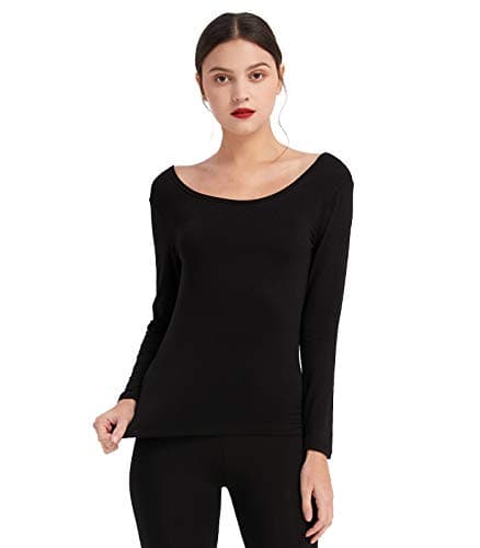 Mcilia Women's Ultrathin Modal Thermal Baselayer Top Scoop Neck Long Sleeve Undershirt Black Medium (UK Size 12 14)