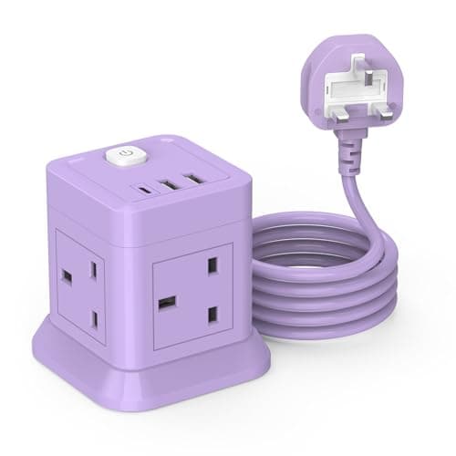 Cube Extension Lead with USB Slots, BEVA 4 Way Multi Plug Power Strip with 3 USB Ports, 3M Desktop Power Extension Socket Extension Cords for Home Dorm Office Travel-Purple