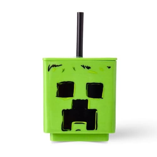 HOX Minecraft Square Soda Cup – 10 x 8.6 cm / 450 ml | BPA-Free Food-Safe Gamer Gift Mug for Boys | Wide Mouth with Removable Straw |Easy to Carry for Picnic & Travel, Green