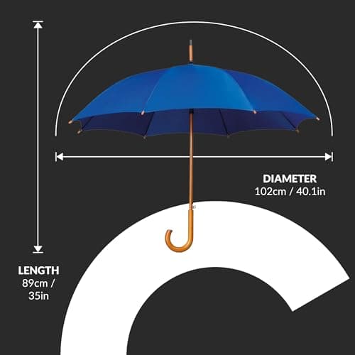 Jollybrolly Large Umbrella Blue | Wooden Walking Stick Umbrella, Crook Handle Large Canopy for Sun Protection Rainproof | Strongest Windproof Travel | Mens Umbrella Waterproof Long Stick — view 2