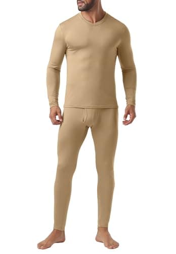 QIXING Mens Thermal Underwear Set Fleece Lined Long Johns Warm Base Layer Set for Winter Ski Football Work (Light Camel, L) — view 3