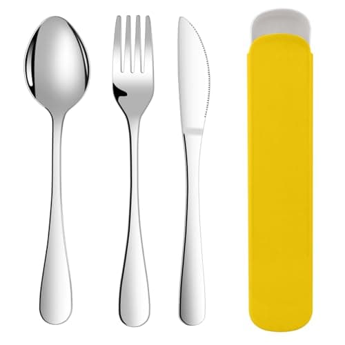 ABOHU Cutlery Set with Portable Pouch Case, 3 Piece Stainless Steel Flatware Set, Tableware Silverware Set with Spoon Knife and Fork Set, Mirror Polished, Dishwasher Safe - Yellow