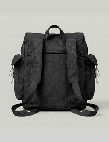 Vintage Canvas Backpack Webbing Rucksack 100% Cotton Army Style Satchel with Side Pockets - Work Travel School Bag - Black — view 6