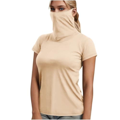 Slxbear Women UPF 50+ Sun Protection Shirts with Face Mask, Quick Dry Rash Guard Workout Tops with Face Mask, Short Sleeve Uv SPF Lightweight Shirt for Hiking Fishing Golf Beige M