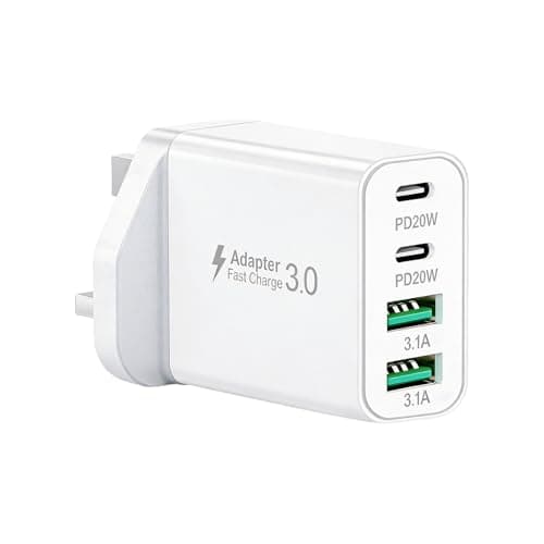 Ozzgen 40W 4-Port UK USB C Fast Charger Plug | Dual PD20W USB-C & 2 USB-A Mains Adapter, Compact Fast Wall Charger for iPhone 16/15/14 Pro Max, iPad, AirPods, Samsung, Travel Home Multi Device Charger