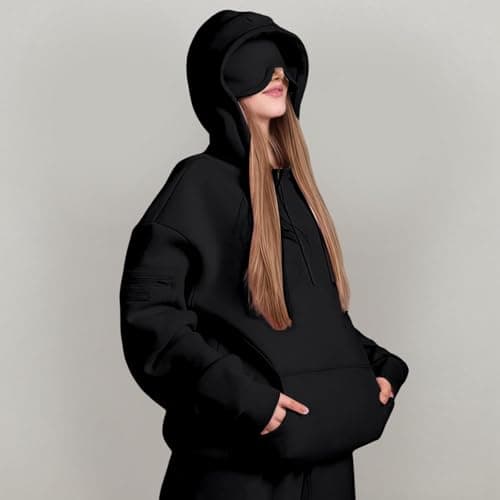 Ewleguzka Travel Hoodie with Eye Mask Built In,Comfrt Airplane Wearable Blanket Hoodie for Adults Men Women 4 Pockets Black — view 4