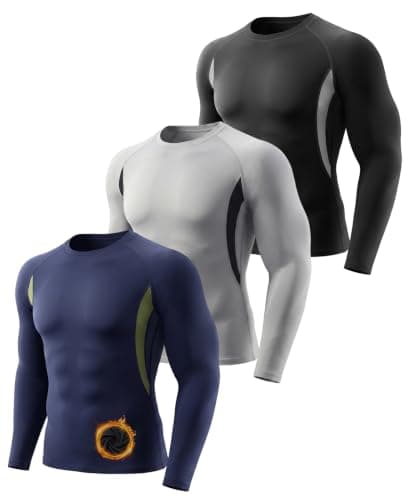 Celfaeree 3 Pack Men's Thermal Underwear Top Fleece Lined Long Sleeve Compression Shirts Warm Base Layer for Running Ski Hiking,Lightweight Breathable Black(H)/Grey/Navy Blue XL