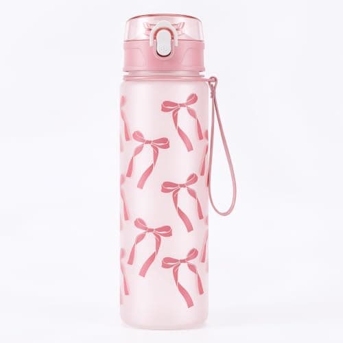 Pragma Pink Bow Sports Water Bottle with Straw & Lanyard, 750ml BPA Free Leakproof One-Click Flip Top Plastic Drinks Bottle for Cycling School Gym Travel Climbing Hiking Outdoor Gift for Women Girls