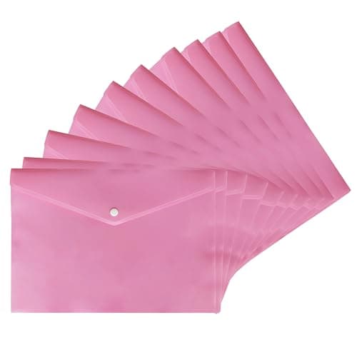 𝑷𝑰𝑵𝑲 Document Wallet - 15 Pack A4 Pastel Folder Document Files Envelope - Plastic Popper with Snap Button, Waterproof Folder for Home, School, Office Stationery