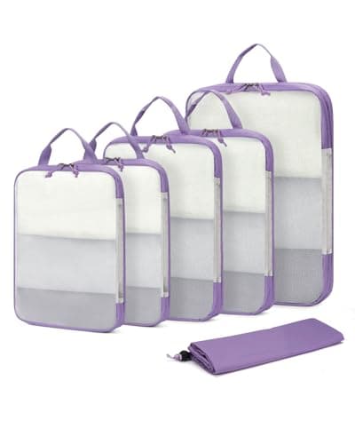 ECOHUB 6pcs Compression Packing Cubes Set for Backpack Suitcases, Expandable Travel Organiser with Shoes Bag, Ultra-resistant Packing Organiser for Carry On Luggage, Purple (Patent Pending)