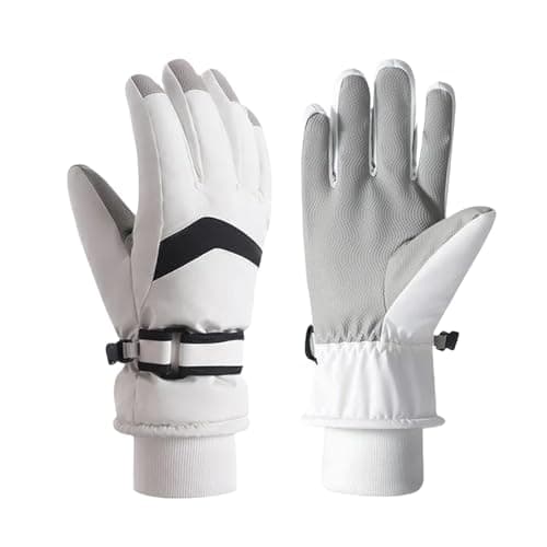 JiaYouLC Kids Fleece Lined Warm Ski Gloves Winter Thermal Waterproof Anti Slip Gloves for Age 4-12 Children for Snow Snowboarding Sledding Cycling (White, L)