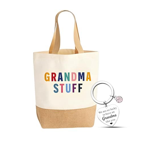 DAWKJOA Canvas Tote Shopping Bag With Keyring Set, Cute Grandma Birthday Gifts For Grandma, Mothers Day Present Idea Women, 35x37cm Shopper Handbag
